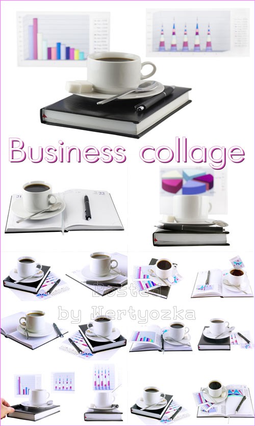 Бизнес коллаж, чашка кофе, офисные элементы на белом фоне - растровый клипарт