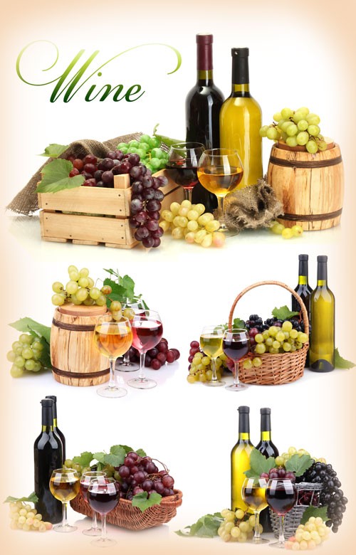 Вино, виноград, бокалы с вином - растровый клипарт