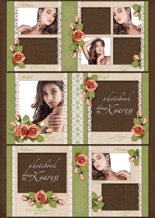Шаблон романтической винтажной фотокниги для фотошопа - Нежные розы на кружеве белом