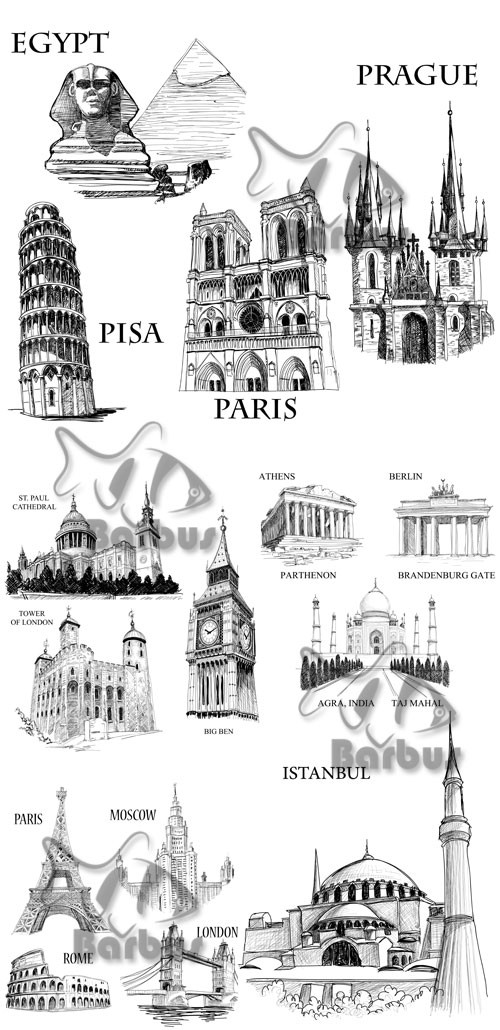 Famous buildings sketch / Рисунки знаменитых архетиктурных сооружений - Vector stock