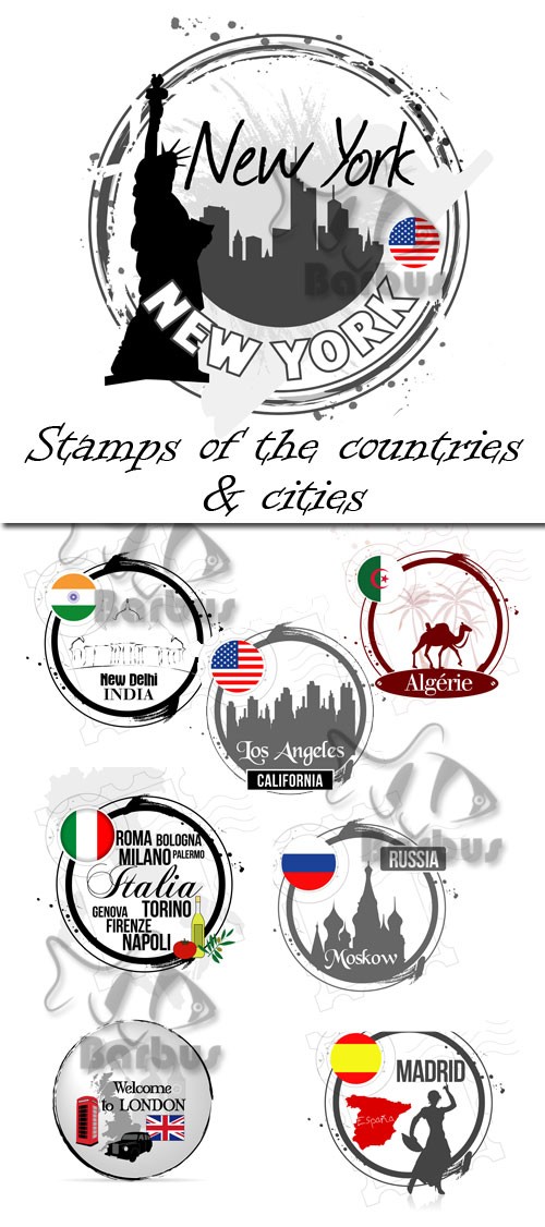 Stamps of the countries and cities / Марки городов и стран - Vector stock