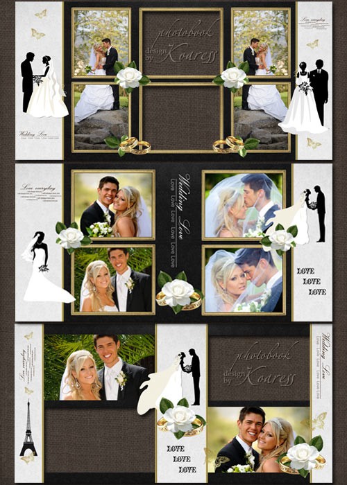 Шаблон свадебной фотокниги для фотошопа в черно-белых тонах - Силуэты любви