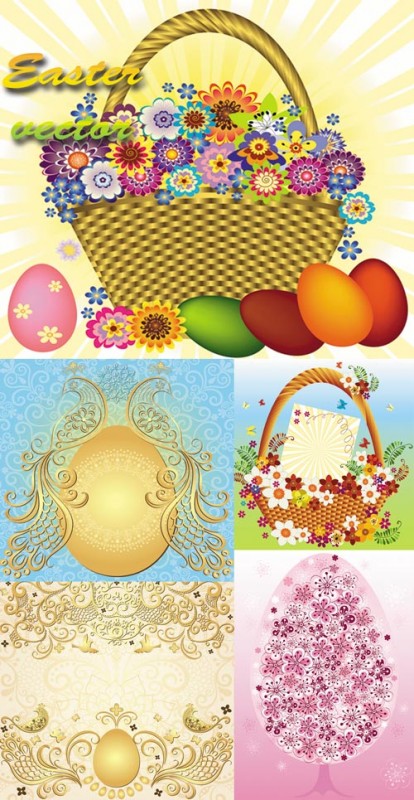 Пасха, пасхальные яйца, корзина с цветами, золотая птица, орнаменты - векторный клипарт