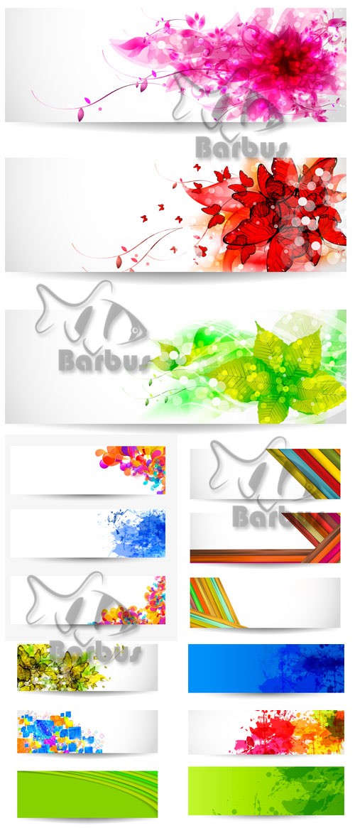 Banners with flowers, paint spots, tapes and 3D cubes / Баннеры с цветами,  ...