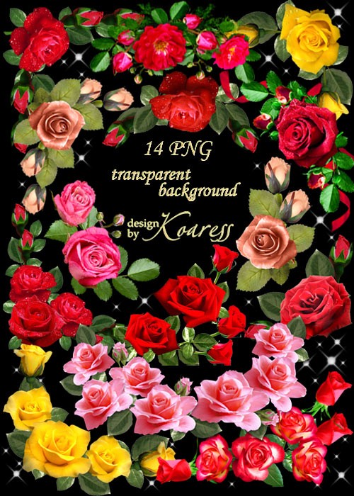 Цветочный PNG клипарт для фотошопа - Уголки из розовых, красных и желтых ро ...