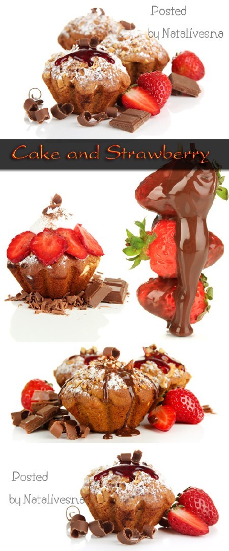 Кекс и клубника на белом фоне / Cake and strawberry - Stock photo