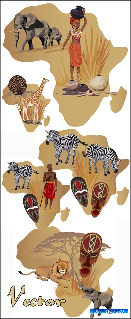 Африка, животные, жираф, слон, зебра / Africa, elephant, lion, giraffe, zebra - vector clipart