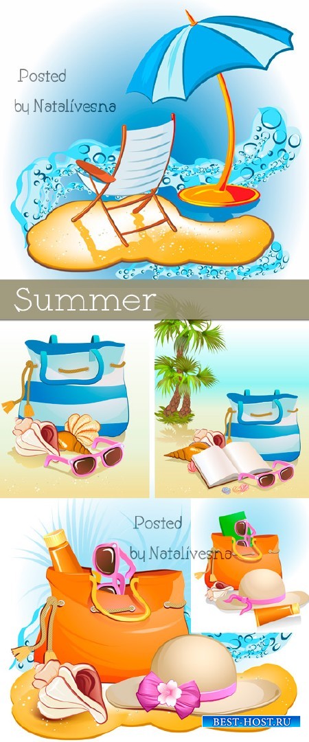 Лето, пляжная сумка, очки на песке в Векторе / Vector - Summer, beach bag,  ...