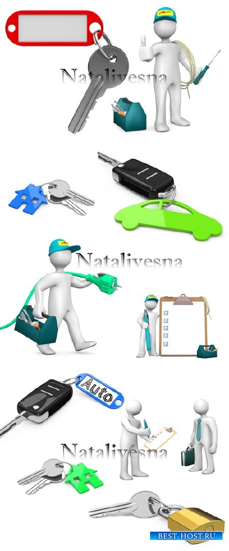 3D Люди и ключи с брелками на белом фоне / 3D People and keys - Stock photo