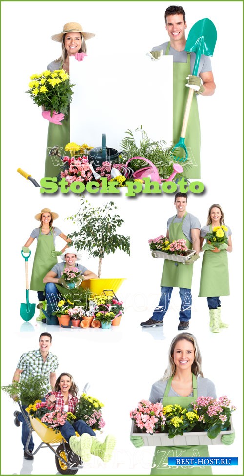 Садоводство / Gardening, a man and woman with flowers - raster clipart