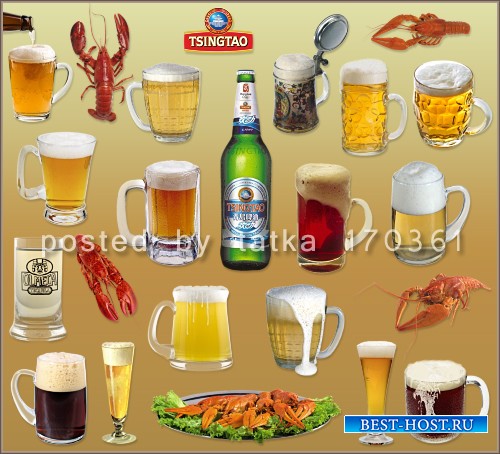 Клипарт для фотошопа с прозрачным фоном - Пиво в кружках и раки