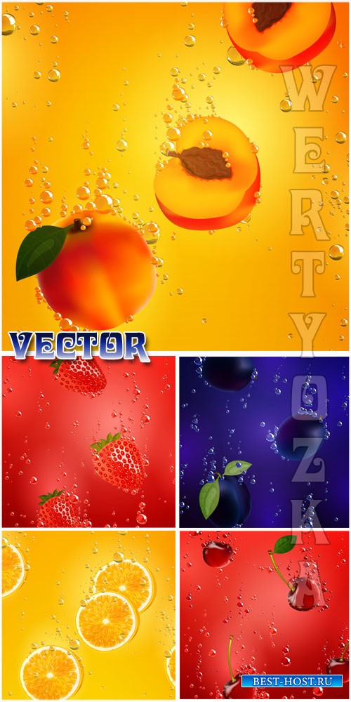 Векторные фоны с фруктами, клубника, вишня, слива, лимон / Vector backgrounds with fruit, strawberry, cherry, plum, lemon