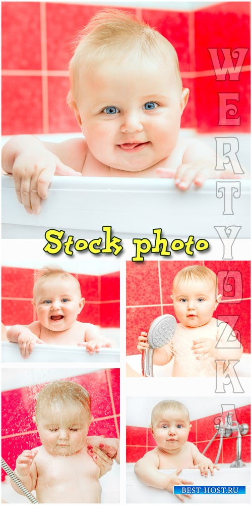 Купание малыша в ванной / Bathing the baby in the bathroom - raster clipart