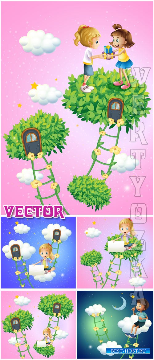 Детские фоны с мальчиком и девочкой / Children background with boy and girl - Vector clipart