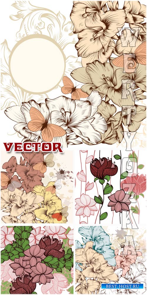 Фоны с цветами и бабочками / Backgrounds with flowers and butterflies - Vec ...