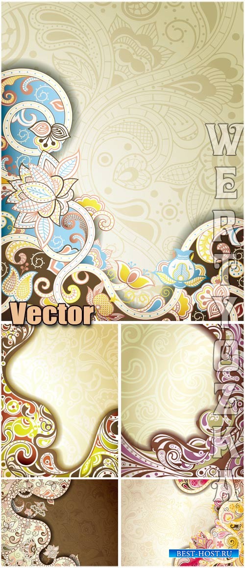 Фоны с разноцветными орнаментами, цветы / Backgrounds with colorful ornaments, flowers - vector clipart