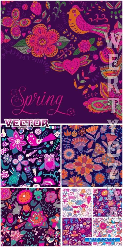 Векторные фоны с разноцветными цветочками и птицами / Vector background wit ...