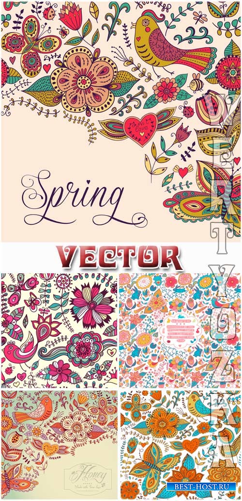 Векторные фоны с разноцветными цветочными орнаментами / Vector background with colorful flower designs