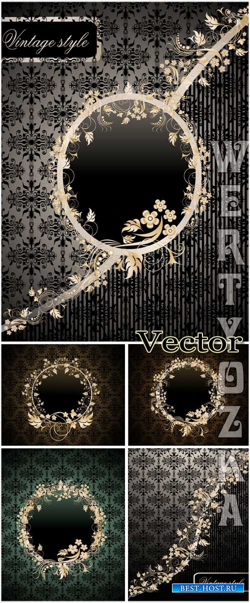 Векторные фоны с золотым узором и цветочками / Dark vector background with gold pattern and decorative flowers