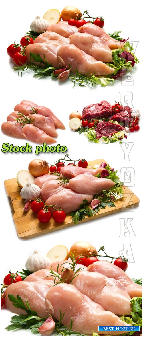 Мясо с овощами и зеленью на белом фоне / Meat with vegetables and greens on ...