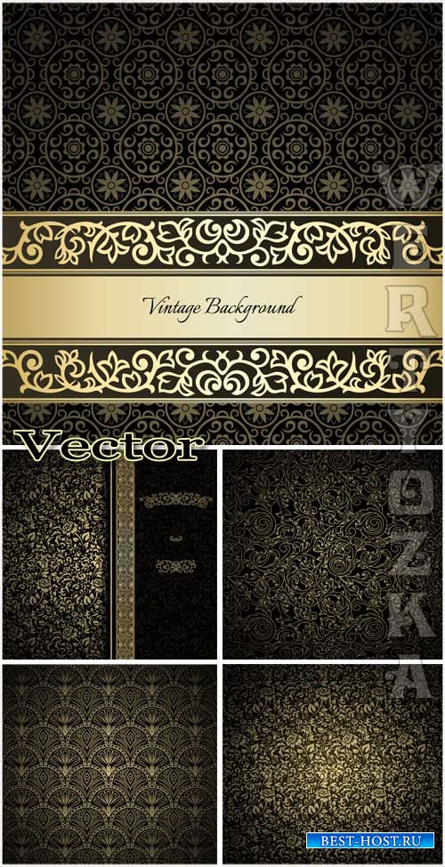 Черные винтажные фоны с золотыми узорами / Black vintage background with go ...