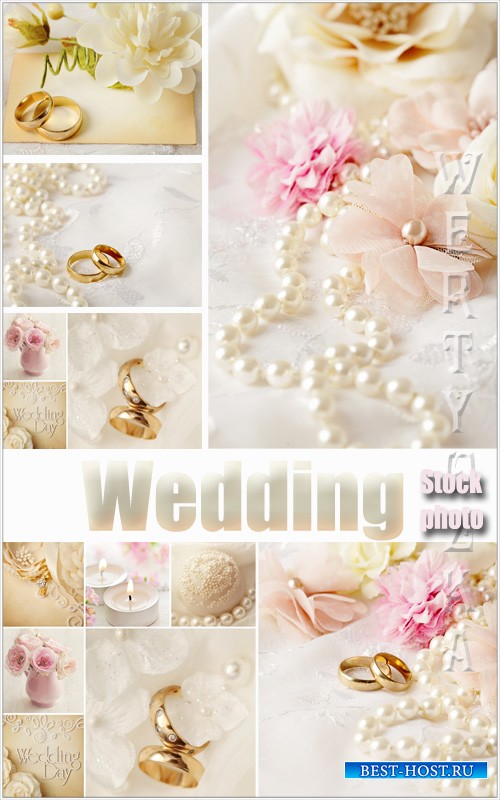 Свадебные коллажи / Wedding collage with roses and wedding rings - Raster clipart