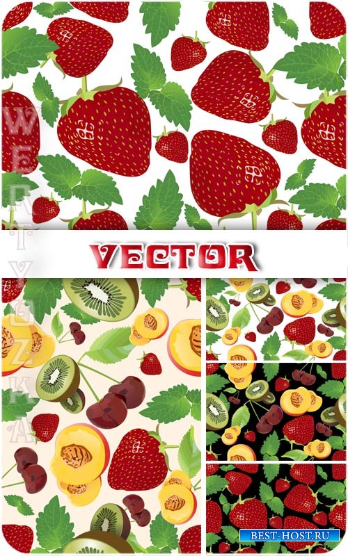 Векторные фоны с фруктами и ягодами, клубника, киви, черешня / Vector backg ...