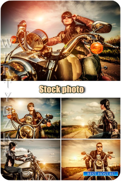 Девушка на мотоцикле, мужчина мотоциклист / Girl on a motorcycle, man motorcyclist - Raster clipart