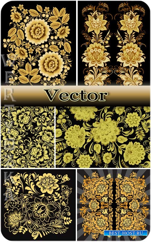 Золотые цветы, орнаменты / Golden flowers, ornaments - vector
