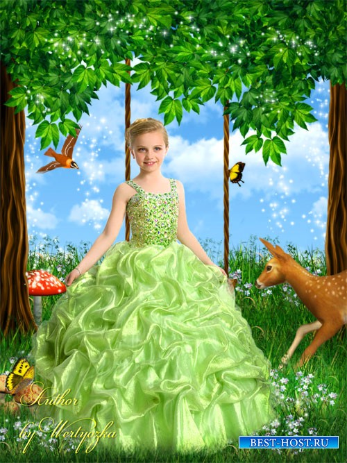 Девочка в нарядном зеленом платье, сказочный лес - детский шаблон для фото