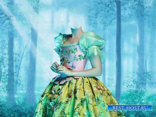 PSD шаблон - Милая Белоснежка в ярком платье в сказочном лесу