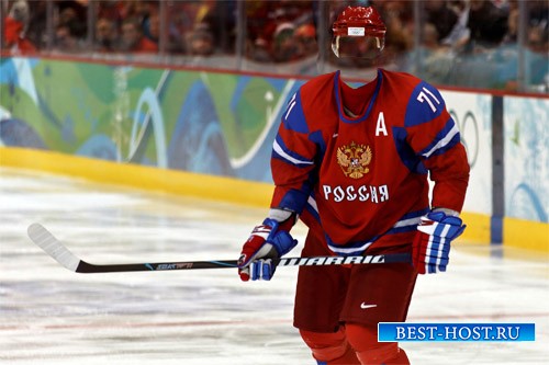Шаблон psd - Российский хоккеист с клюшкой