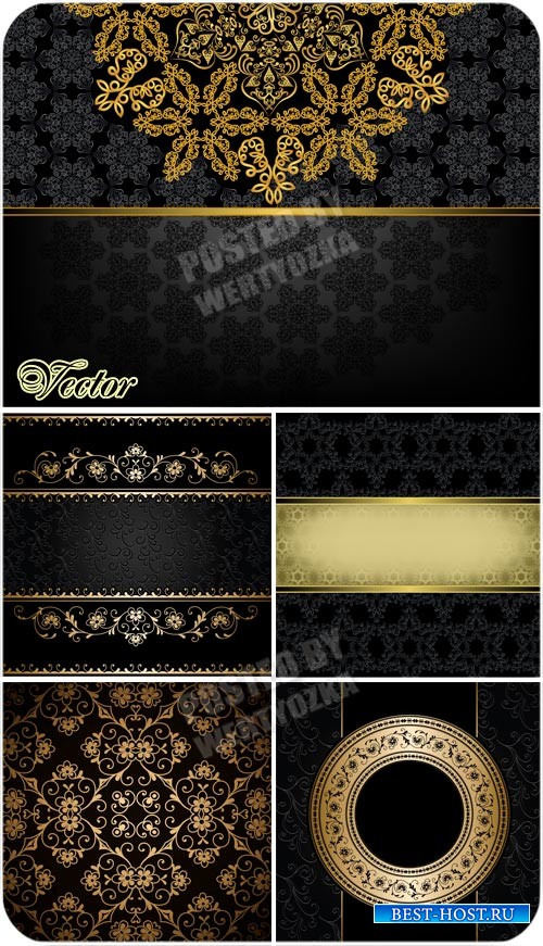 Черные фоны с золотом, узоры, орнаменты / Black background with gold - vector