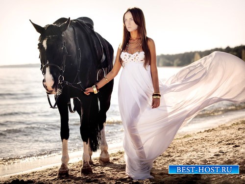 Шаблон для девушек - Брюнетка с красивой лошадкой на море
