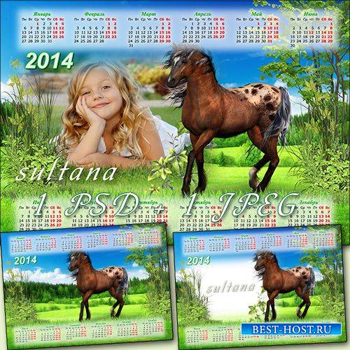 Календарь на 2014 год - Прекрасная лошадь, по лугу летящая