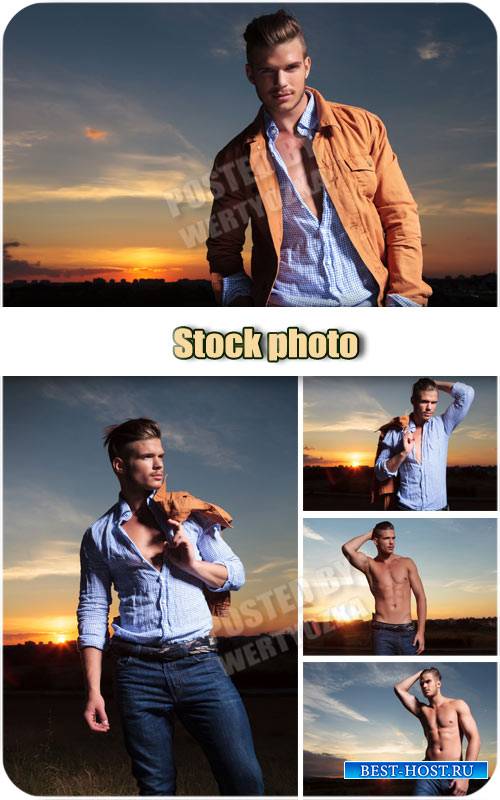 Молодой человек на фоне заката /  Young man at sunset - stock photo