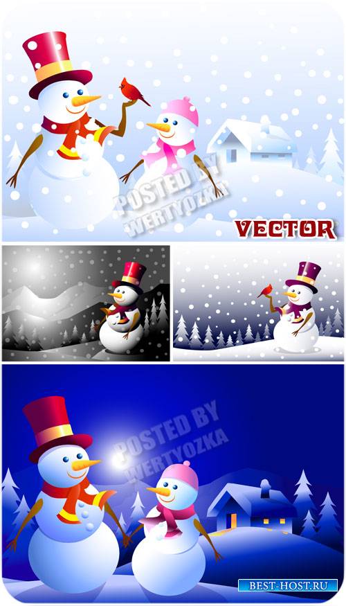 Снеговики, зимний домик в деревне / Snowmen - stock vector