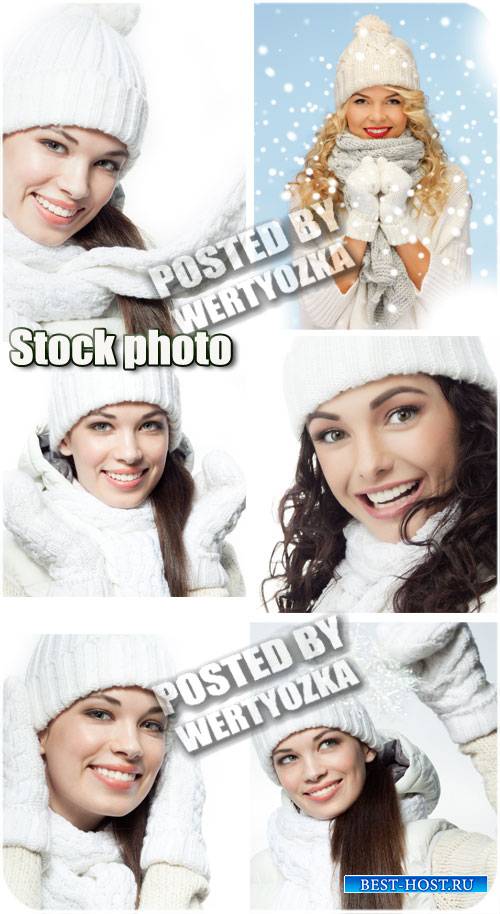 Зимние девушки в белых шапках и шарфиках / Winter girls - stock photos