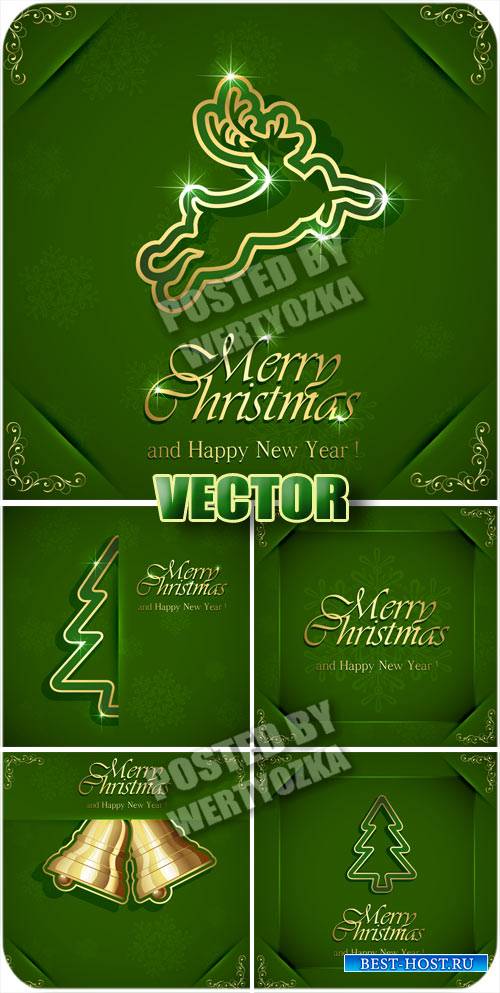 Рождественские зеленые фоны с елкой и колокольчиками / Christmas green back ...