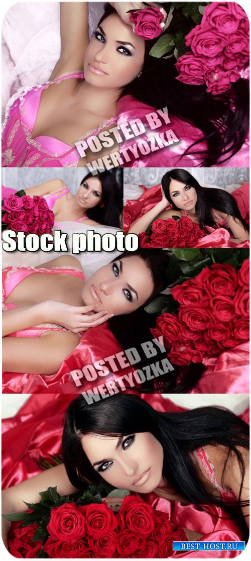 Красивая брюнетка с роскошным букетом роз / Beautiful brunette - stock photos