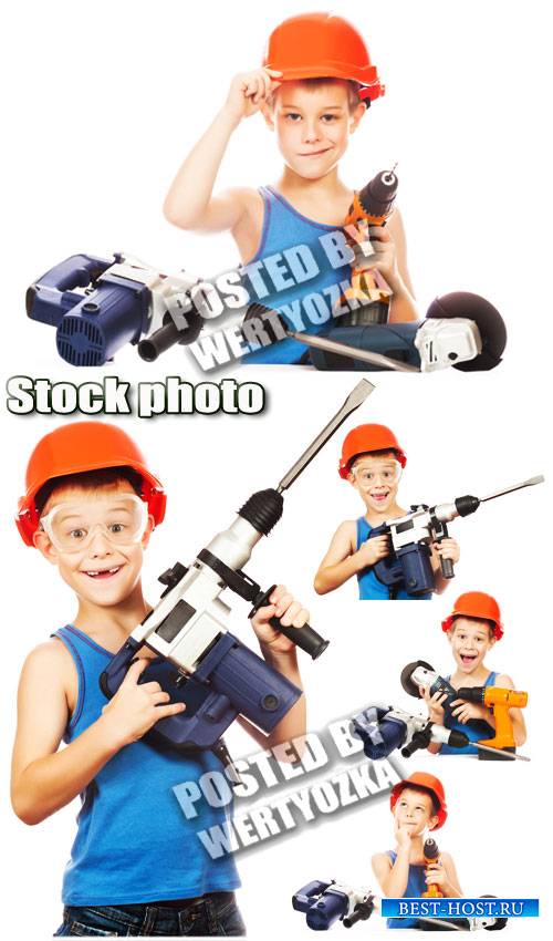 Строитель, мальчик с инструментами / Builder, a boy with tools - stock phot ...