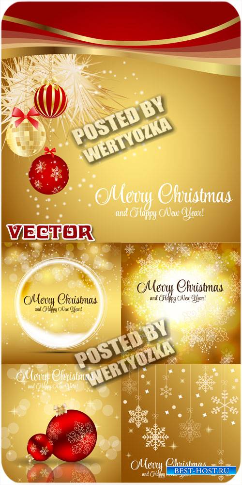 Золотые новогодние фоны с красными шарами / Golden Christmas background - vector stock
