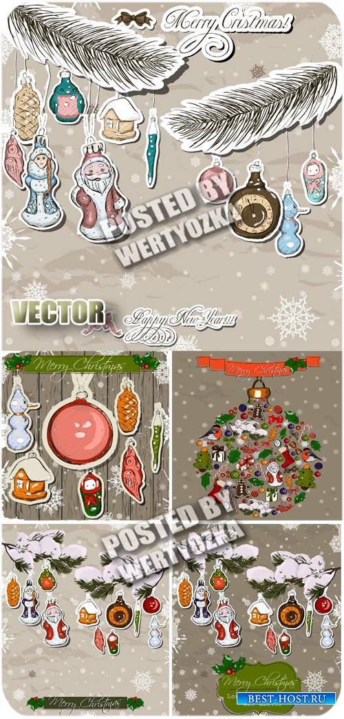 Винтажные новогодние украшения /  Vintage Christmas decorations - stock vector