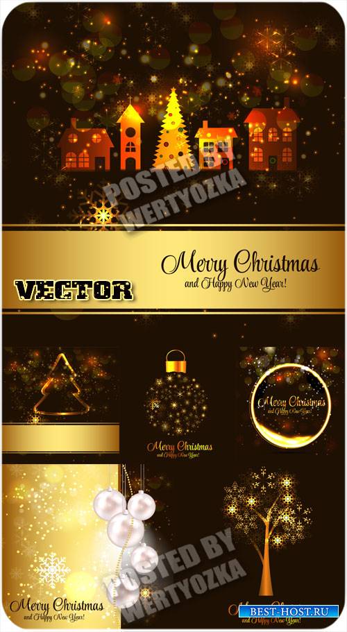 Золотые рождественские элементы на темных векторных фонах / Gold christmas  ...