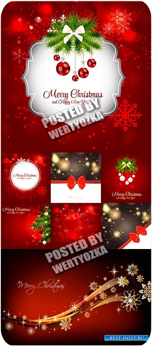 Красные новогодние фоны с елкой и шарами / Red christmas background - vecto ...