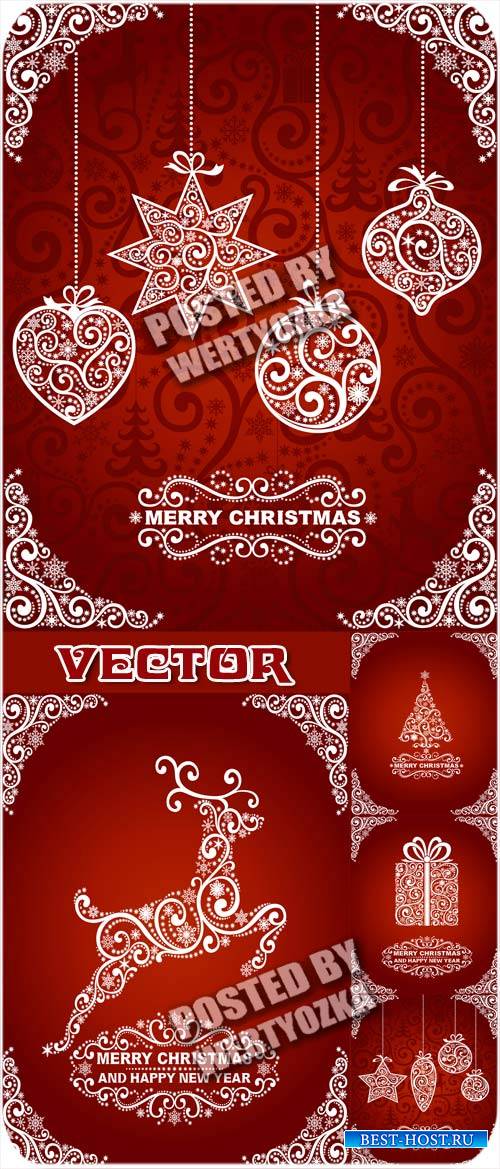 Красные рождественские фоны с белыми украшениями / Red christmas decorations - vector