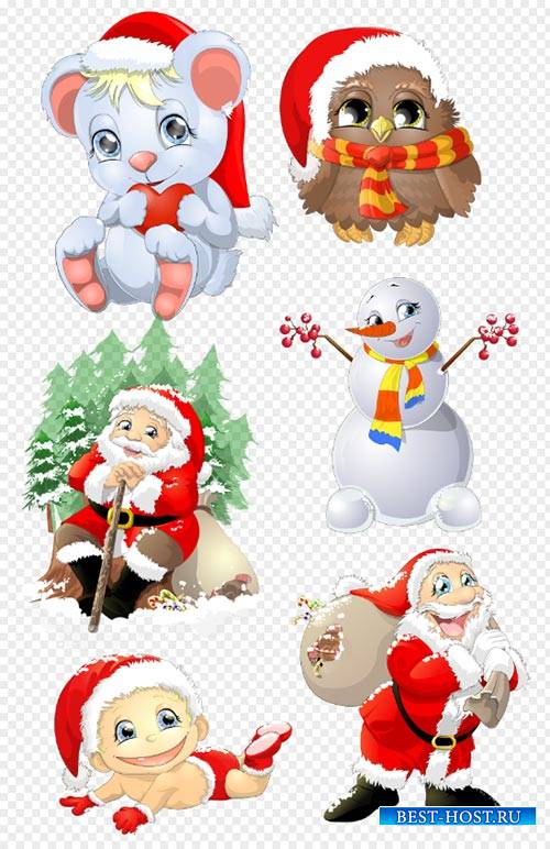 Клипарт - Новогодние персонажи дед мороз совёнок пупс на прозрачном фоне