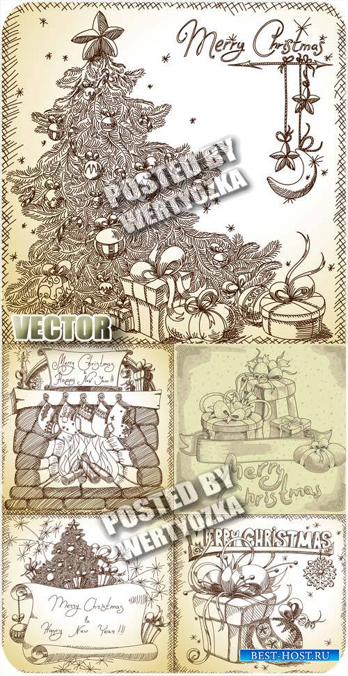 Винтажные векторные фоны с рождественской елкой / Vintage vector background with Christmas tree