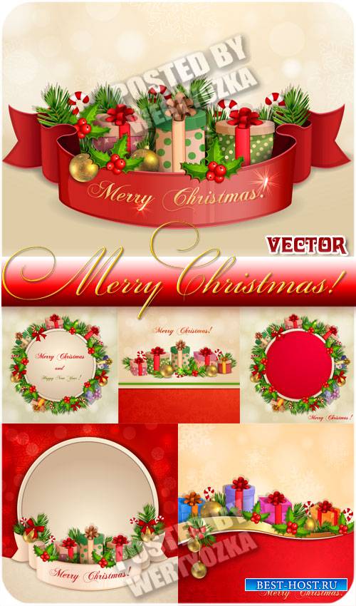 Рождественские фоны с подарками и венками - вектор