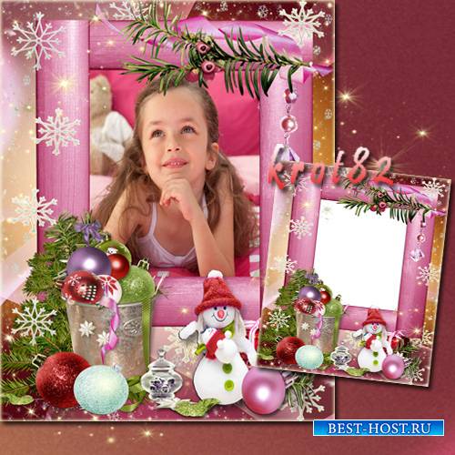 Красивая новогодняя фоторамка для девочки – Белый снеговик в красном колпак ...